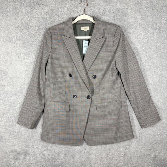 NEW LOFT Versa Plaid Seasonless‎ Stretch Double Breasted Blaze Sz 12 Petite Gray - Picture 2 of 10